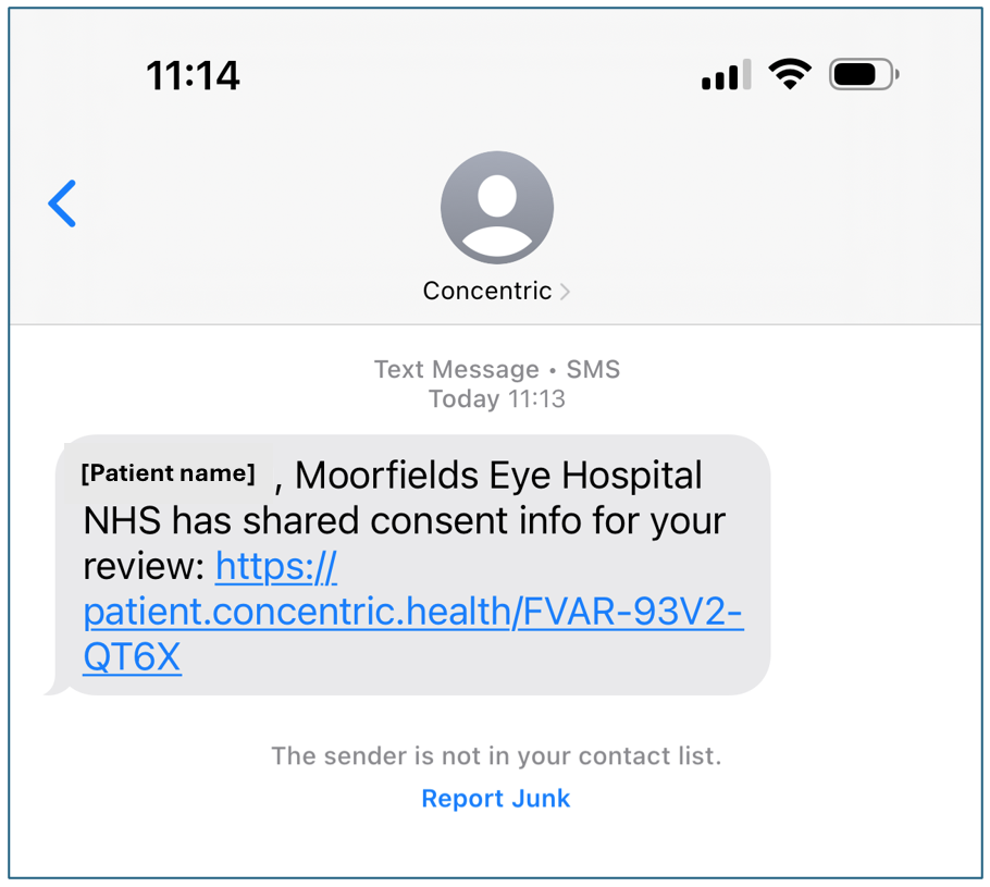 Example of an SMS message received for digital remote consent