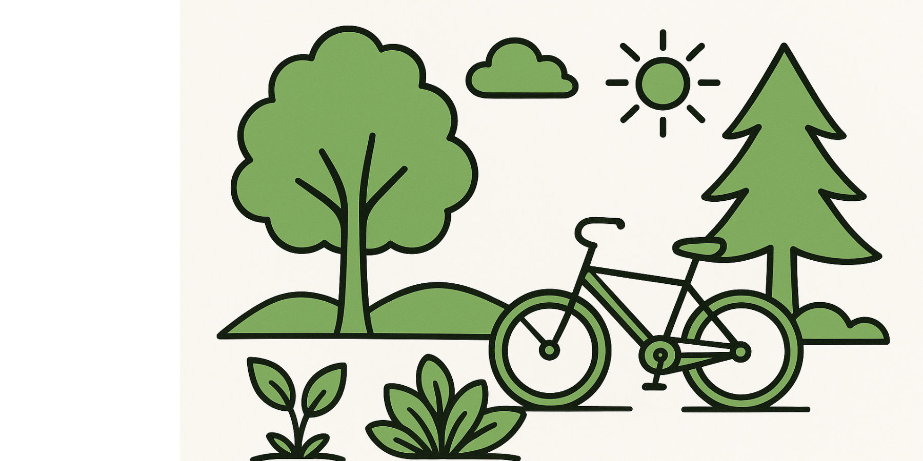 Cartoon image of a green bike, trees and plants