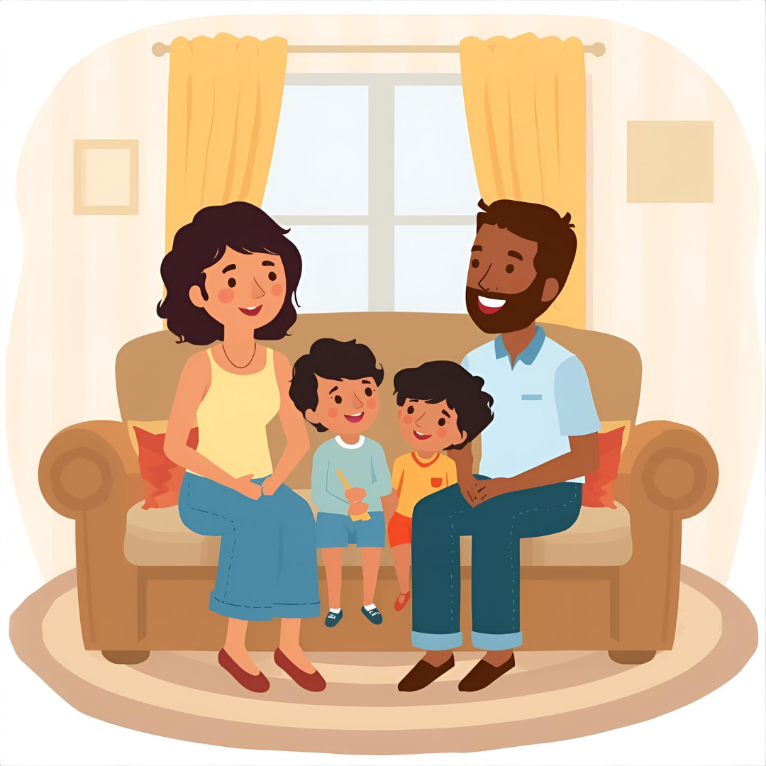 Family of four people, two adults and two children, sitting on a sofa looking relaxed and talking. 