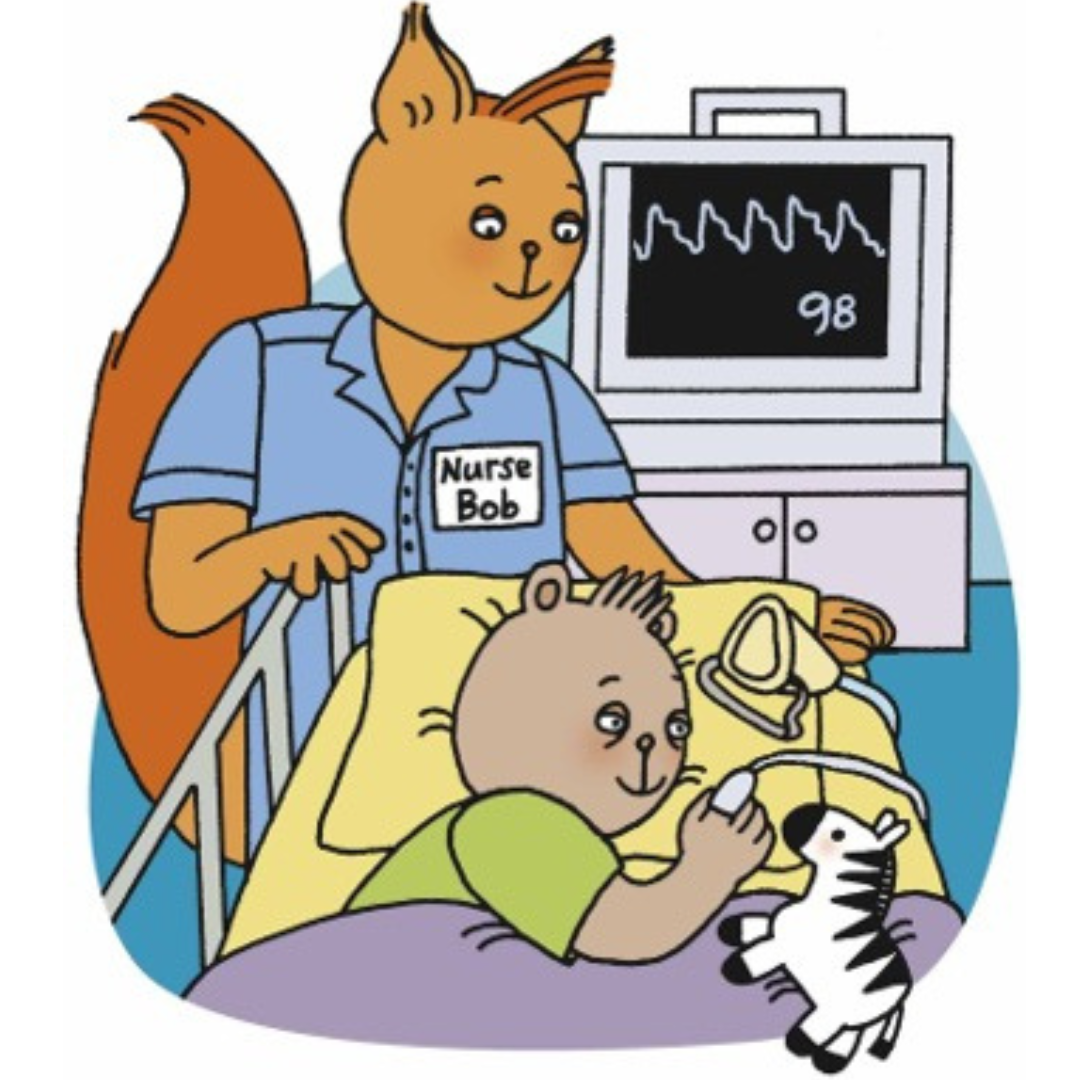 Cartoon Rees Bear waking up from surgery with Nurse Bob the squirrel caring for him