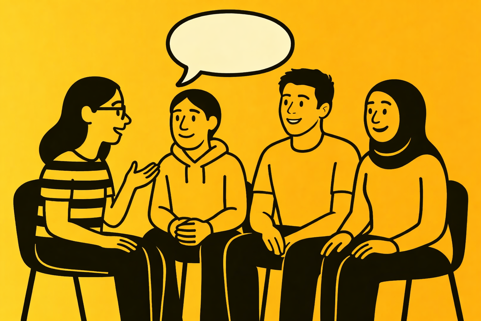 Graphic of a black outline of three people sitting together talking, with a speech bubble, on a yellow background