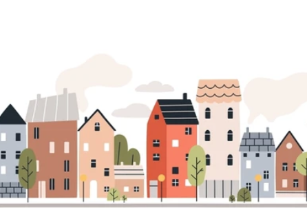 Cartoon drawing of houses in a row