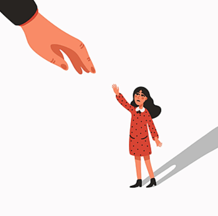 Drawing of a large hand reaching down towards a small person in a dress