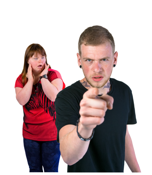 Person in a black looking angry and pointing with a person in a red top cowering behind looking scared