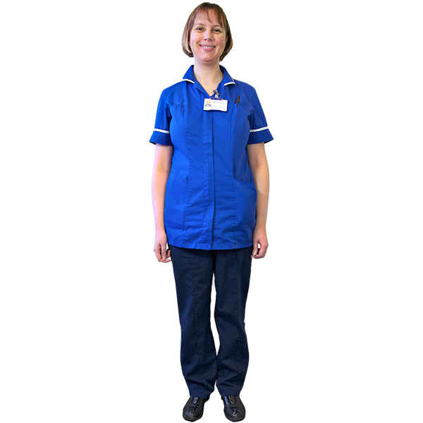 Hospital Sister standing in a blue uniform on a plain background
