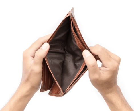 Two hands holding an empty brown wallet open