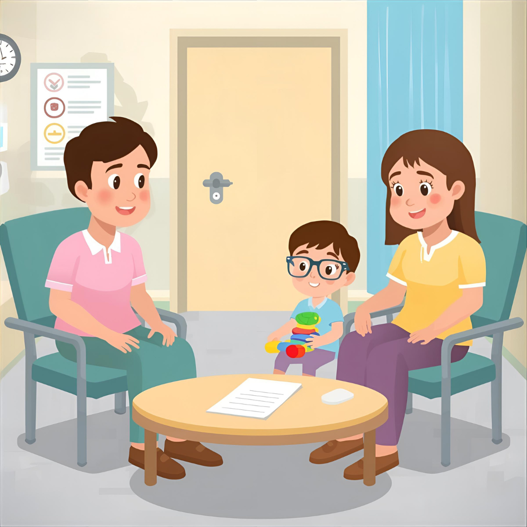 A cartoon-style hospital consultation room with a smiling person  talking to a family. Everyone is sitting down and there is paper on a lower table in the middle.  