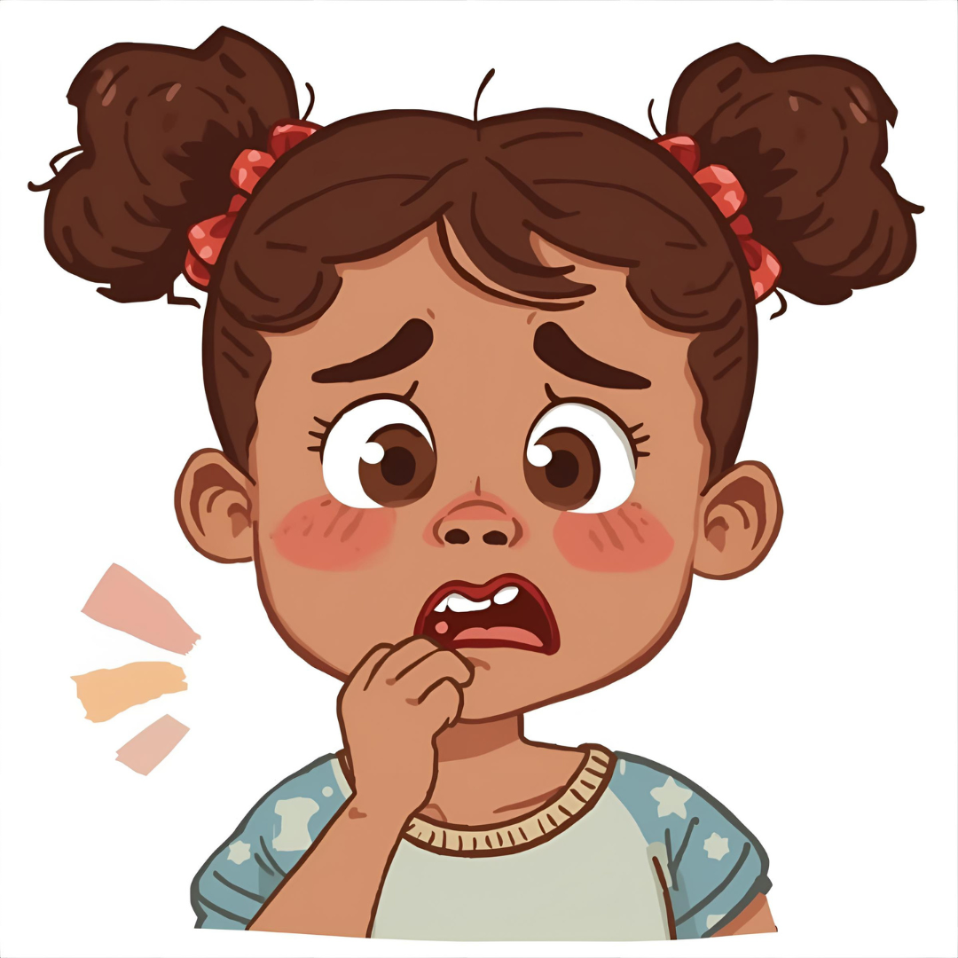 Cartoon image of a child in a blue t-shirt with their hand to their mouth looking anxious