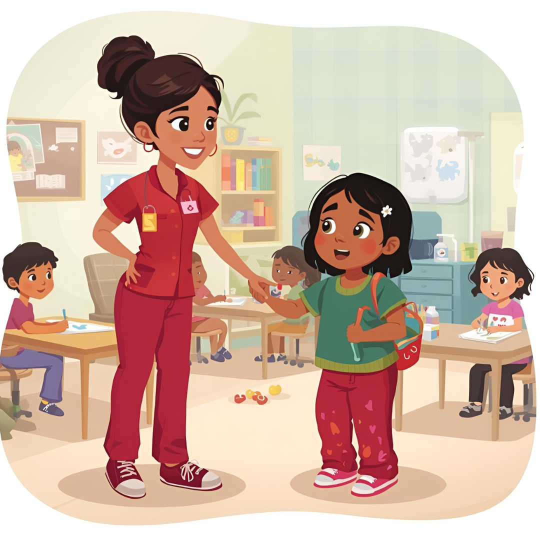 Cartoon style  hospital playroom with a smiling playroom assistant nurse welcoming a young child (age 6–8) 