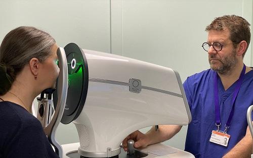 Patient, with a consultant, undergoing glaucoma testing