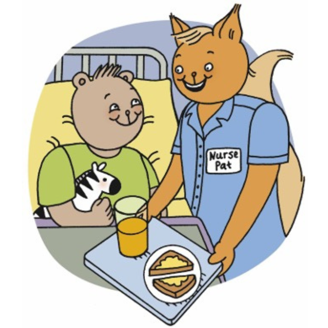 Cartoon Rees Bear with Nurse Pat eating food