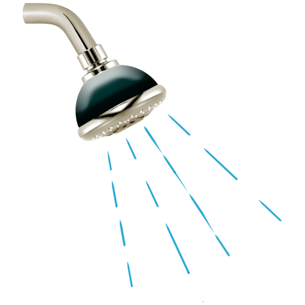 Silver showerhead with blue lines representing water 