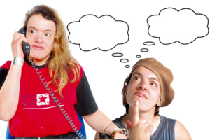 Two people looking into the distance with thought bubbles over each of their heads