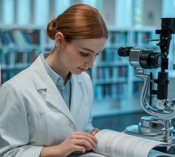 Medical person studying a book with slit lamp near them 