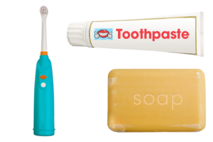 Images of an electric toothbrush, toothpaste and soap